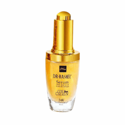 Dr. Rashel 24K Gold Collagen Serum in a gold pump bottle, enriched with real gold, collagen, and argan oil to help hydrate, firm, and improve skin’s glow.