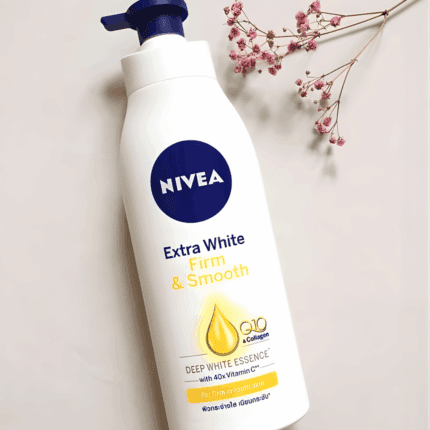 Nivea Extra White Firm & Smooth Body Lotion bottle with pump top, placed beside small pink flowers on a light background, emphasizing Q10 and Vitamin C for firmer, radiant skin.