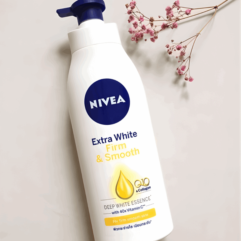 Nivea Extra White Firm & Smooth Body Lotion bottle with pump top, placed beside small pink flowers on a light background, emphasizing Q10 and Vitamin C for firmer, radiant skin.