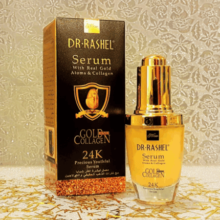 Dr. Rashel 24K Gold & Collagen Serum displayed with its black-and-gold box, featuring a gold pump bottle formulated with real gold atoms and collagen to help hydrate, firm, and enhance skin radiance.