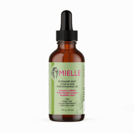 Mielle Rosemary Mint scalp and hair strengthening oil bottle with dropper, 59ml size, isolated on white background.