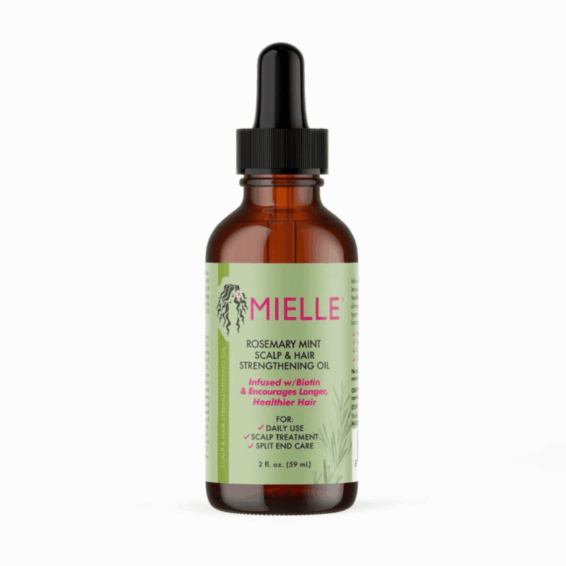 Mielle Rosemary Mint scalp and hair strengthening oil bottle with dropper, 59ml size, isolated on white background.