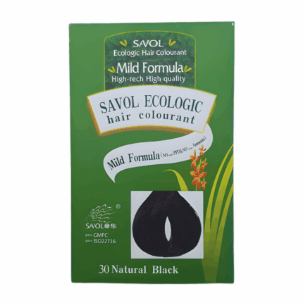 Front view of Savol Ecologic Hair Colourant box in green packaging with a hair strand sample showing Natural Black shade. The box highlights its mild, ammonia-free formula with herbal extracts and eco-friendly design.