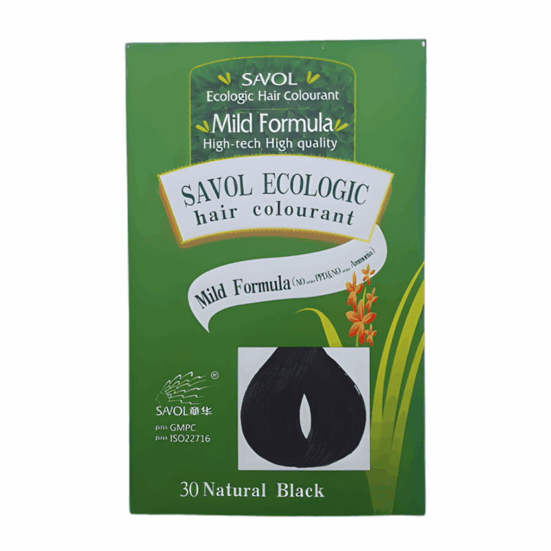 Front view of Savol Ecologic Hair Colourant box in green packaging with a hair strand sample showing Natural Black shade. The box highlights its mild, ammonia-free formula with herbal extracts and eco-friendly design.