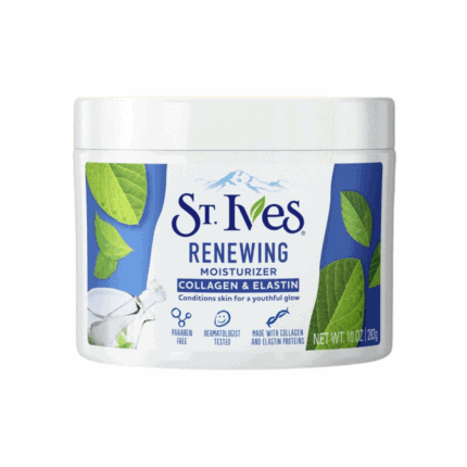 St. Ives Renewing Moisturizer with Collagen and Elastin in a white tub, front label visible on a clean background.