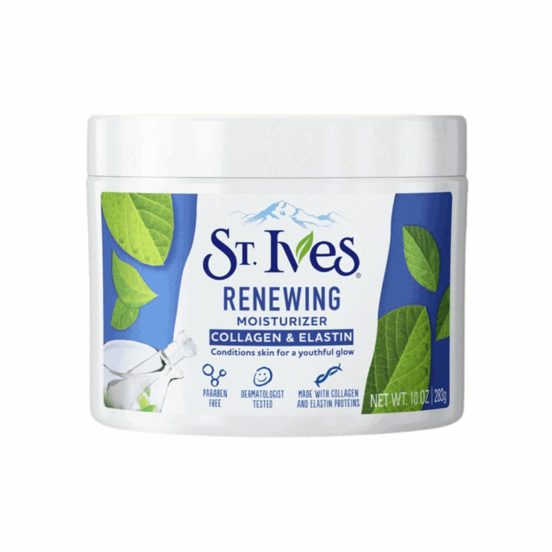 St. Ives Renewing Moisturizer with Collagen and Elastin in a white tub, front label visible on a clean background.