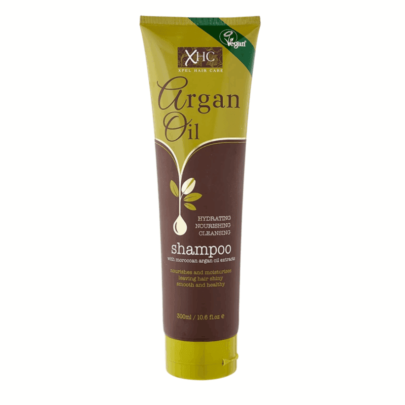 Front view of XHC Argan Oil Shampoo tube (300ml) with green and brown packaging. The label highlights its vegan, SLS-free, and paraben-free formula enriched with Moroccan argan oil extracts for smooth, shiny, and healthy hair.