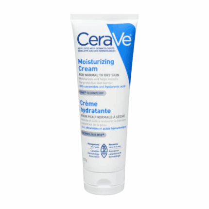 CeraVe Moisturizing Cream tube for normal to dry skin with ceramides and hyaluronic acid on white background