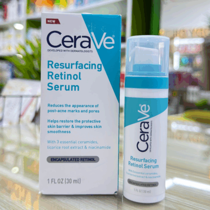 CeraVe Resurfacing Retinol Serum bottle placed in front of multiple boxes showing retail stock packaging