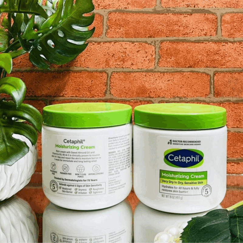 Front and back view of Cetaphil Moisturizing Cream jar showing ingredients and benefits