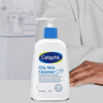 Cetaphil Oily Skin Cleanser bottle displayed in a clinical setting for sensitive skin
