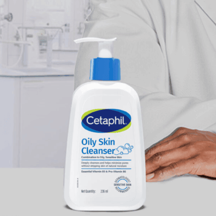 Cetaphil Oily Skin Cleanser bottle displayed in a clinical setting for sensitive skin