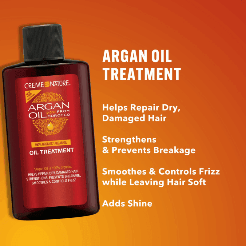 Creme of Nature Argan Oil Treatment showing benefits for repairing dry damaged hair and controlling frizz