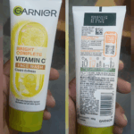Garnier Bright Complete Vitamin C face wash showing front and back packaging with ingredients and usage details