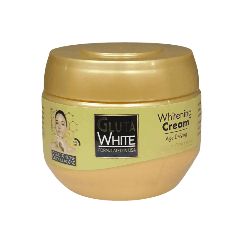 Gluta White whitening cream jar formulated with glutathione and collagen for age defying skin care on white background
