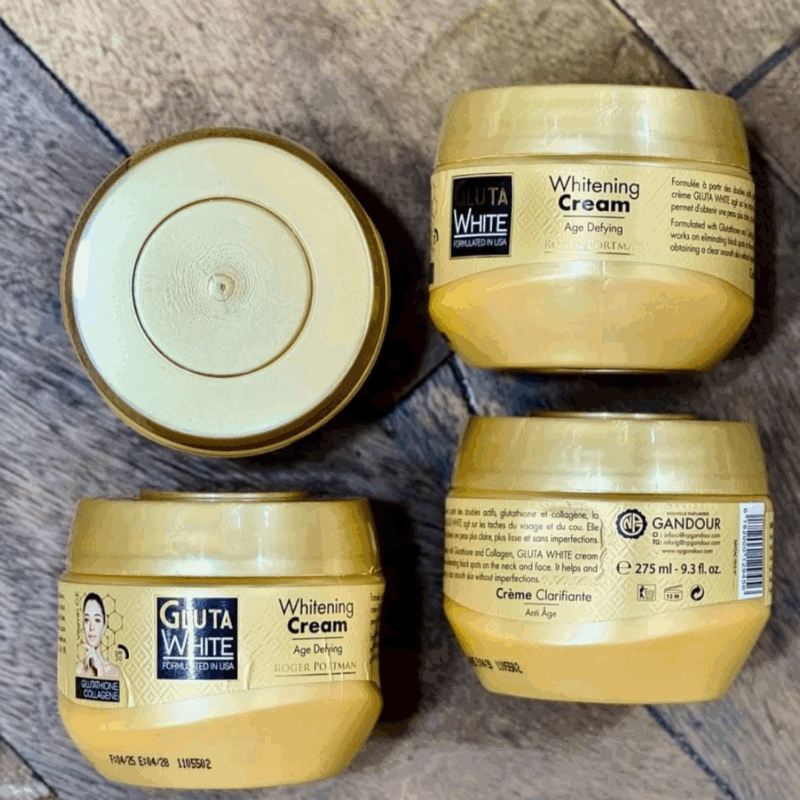 Gluta White glutathione collagen whitening cream jars shown from different angles including base and side packaging details
