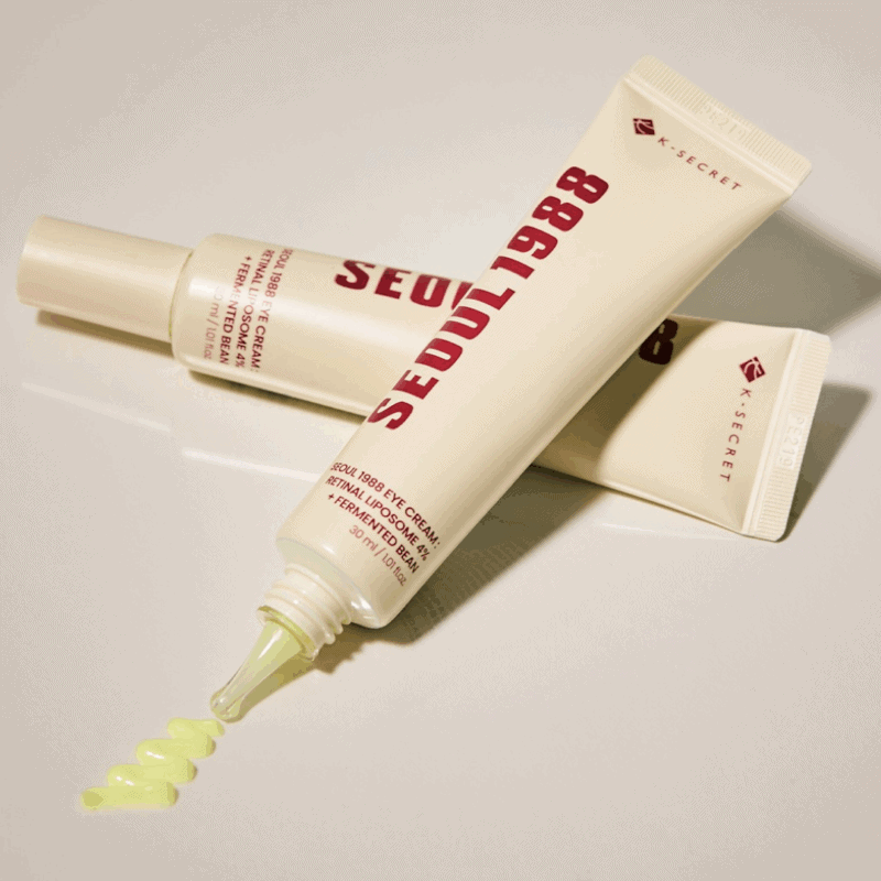 K-Secret Seoul 1988 retinal eye cream tube with product texture dispensed from applicator tip