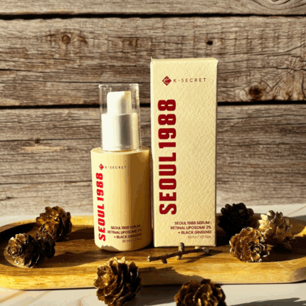 K Secret Seoul 1988 retinal liposome serum bottle and box displayed on wooden surface with pine cones