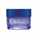 L’Oréal Paris Aura Perfect Night Cream jar with blue lid designed to fight dark spots and improve skin tone overnight