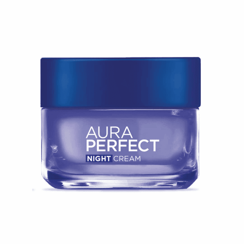 L’Oréal Paris Aura Perfect Night Cream jar with blue lid designed to fight dark spots and improve skin tone overnight