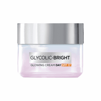 L’Oréal Paris Glycolic Bright Glowing Day Cream SPF 17 product jar on white background