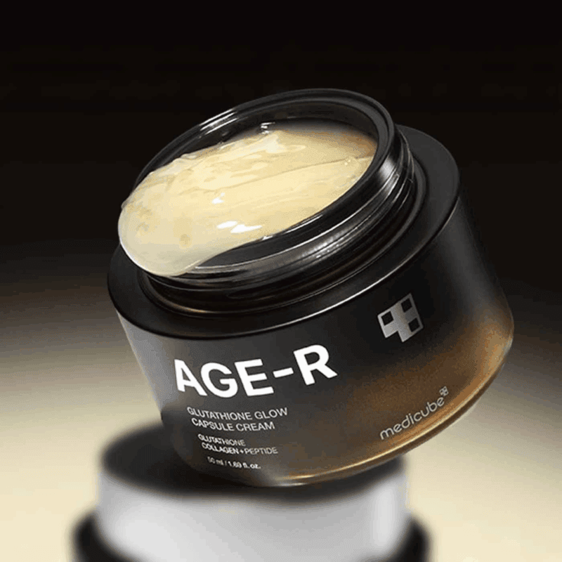 Medicube AGE-R Glutathione Glow Capsule Cream open jar showing capsule cream texture