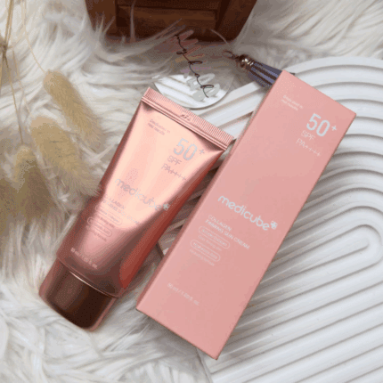 Medicube Collagen Firming Sun Cream SPF 50+ with original box flat lay