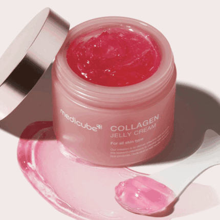 Open Medicube Collagen Jelly Cream showing pink jelly texture and gel consistency