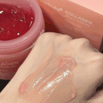 Medicube Collagen Jelly Cream texture swatch applied on skin showing lightweight jelly formula