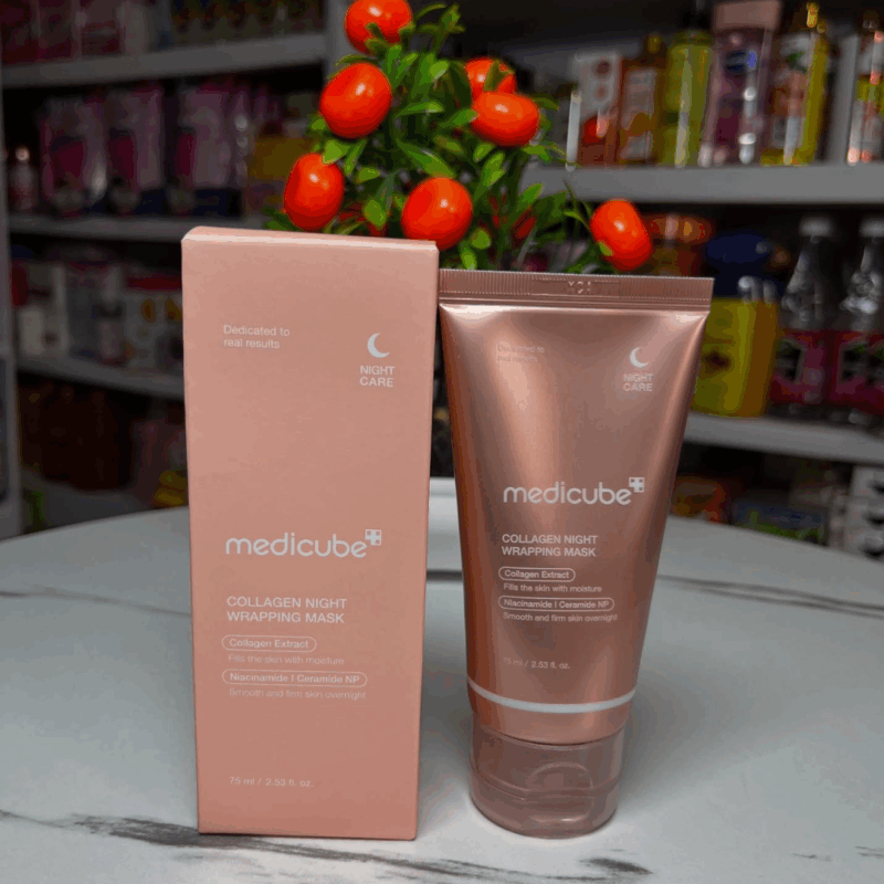 Medicube Collagen Night Wrapping Mask tube displayed next to original packaging box