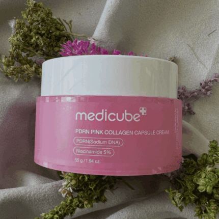 Medicube PDRN Pink Collagen Capsule Cream 55g displayed with floral background