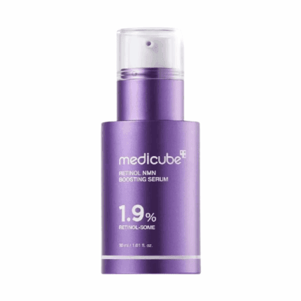 Medicube Retinol NMN Boosting Serum 1.9% retinol-some in purple pump bottle on white background