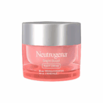 Neutrogena Bright Boost Night Cream jar with silver lid and pink gel formula on white background