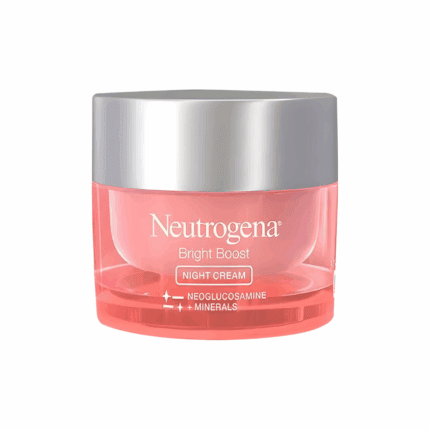 Neutrogena Bright Boost Night Cream jar with silver lid and pink gel formula on white background