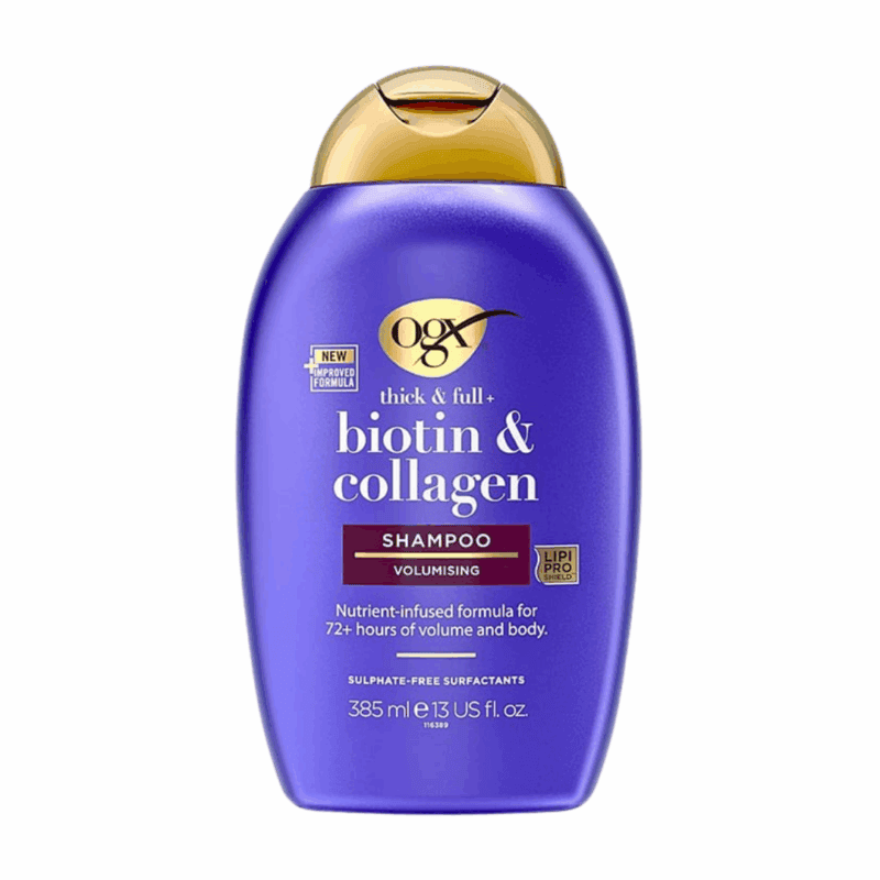 OGX Thick and Full Biotin and Collagen shampoo bottle with purple packaging for volumising hair care