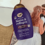 OGX Biotin and Collagen shampoo bottle photographed in real life showing thick and full volumising formula