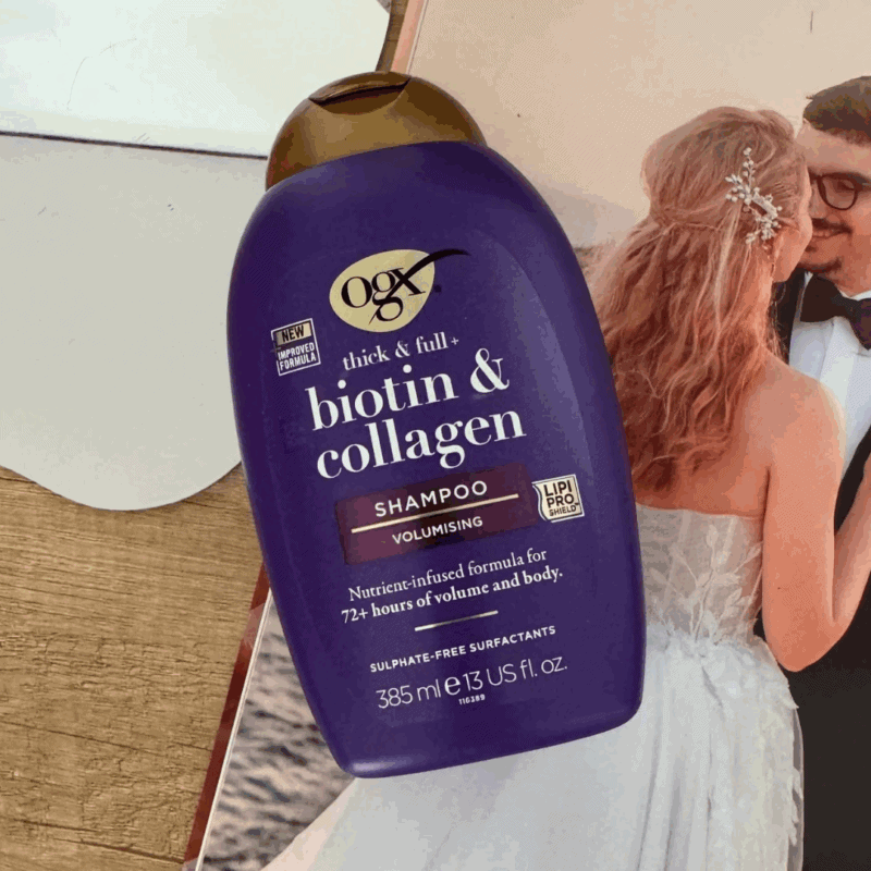 OGX Biotin and Collagen shampoo bottle photographed in real life showing thick and full volumising formula
