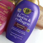 Close up of OGX Thick and Full Biotin and Collagen shampoo highlighting sulphate free volumising formula