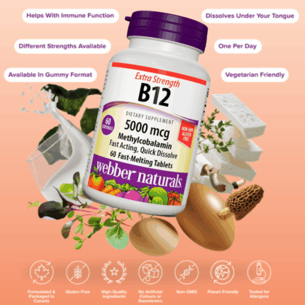 Webber Naturals Vitamin B12 5000 mcg fast dissolving tablets showing immune support benefits vegetarian friendly and non GMO features