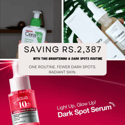 Brightening and dark spots skincare routine bundle saving Rs. 2,387 featuring CeraVe cleanser, Alpha Arbutin serum, and Anua Niacinamide TXA serum in Sri Lanka