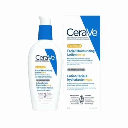 Hand holding CeraVe AM Facial Moisturizing Lotion SPF 30 for normal to oily skin, oil free daily facial moisturizer developed by dermatologists available in Sri Lanka