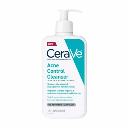 CeraVe Acne Control Cleanser 355ml bottle with pump containing 2% salicylic acid for acne prone oily skin reducing blackheads and breakouts