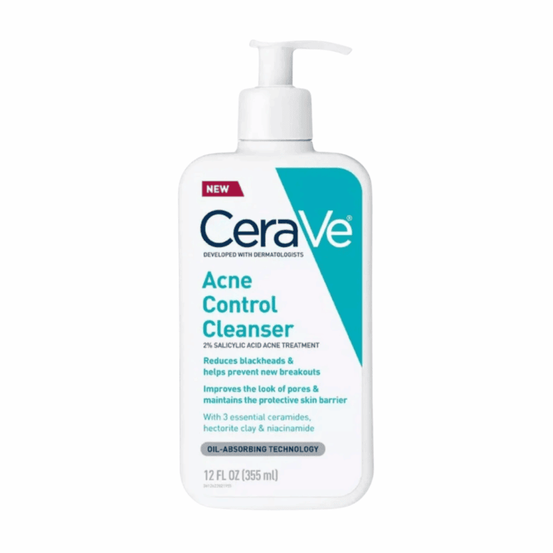 CeraVe Acne Control Cleanser 355ml bottle with pump containing 2% salicylic acid for acne prone oily skin reducing blackheads and breakouts