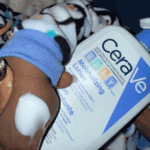 CeraVe Baby Moisturizing Lotion applied on baby’s hand, gentle fragrance free baby lotion with ceramides and vitamin E developed with pediatric dermatologists available in Sri Lanka