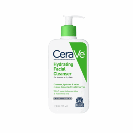 Front view of CeraVe Hydrating Facial Cleanser 355ml pump bottle for normal to dry skin on neutral background.