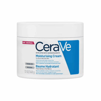 CeraVe Moisturising Cream 340g jar for dry to very dry skin with ceramides and hyaluronic acid on white background