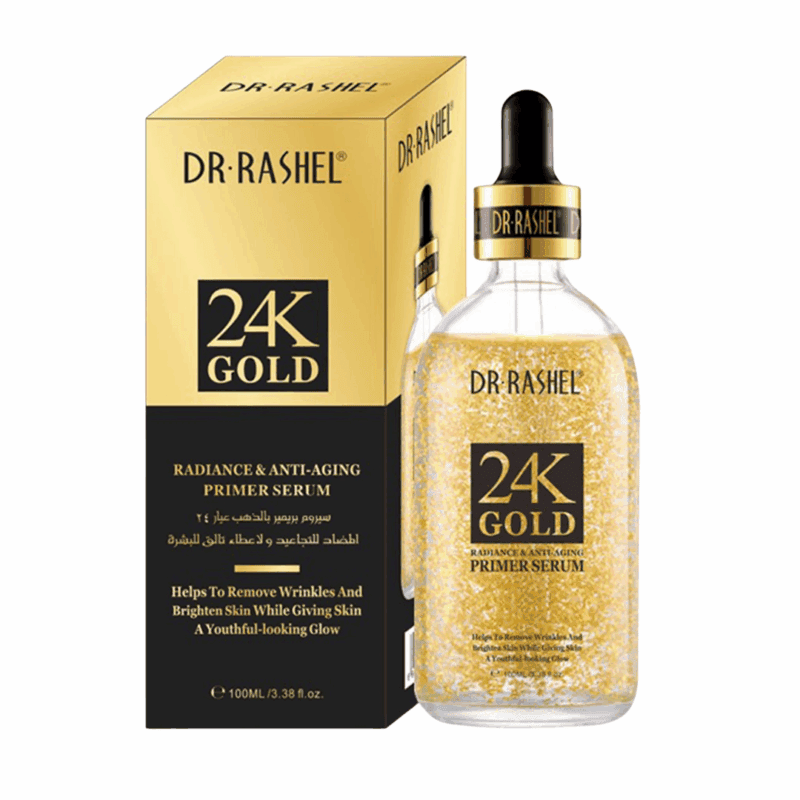 Dr Rashel 24K Gold Radiance and Anti-Aging Primer Serum bottle with gold flakes and dropper, displayed beside its gold and black packaging, designed to brighten skin and reduce wrinkles.