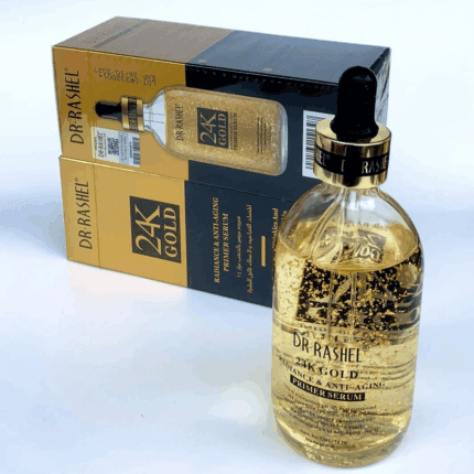 Dr Rashel 24K Gold Radiance and Anti-Aging Primer Serum bottle with visible gold flakes, placed in front of its black and gold packaging box on a white background, showing the dropper cap and premium skincare branding clearly.