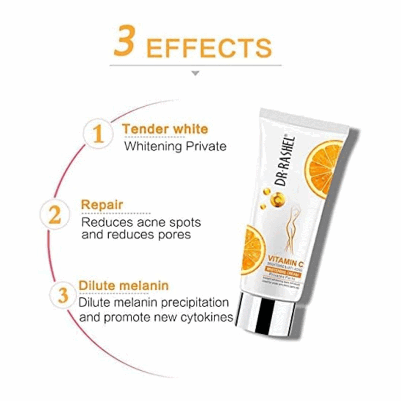 Dr Rashel Vitamin C Private Part Whitening Cream 80g showing three effects chart, vitamin C whitening cream for intimate areas with brightening and skin repair benefits available in Sri Lanka