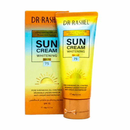 Dr. Rashel Sun Cream Whitening SPF 75 (60g) tube with matching box, gradient yellow and blue packaging featuring UV protection claims.